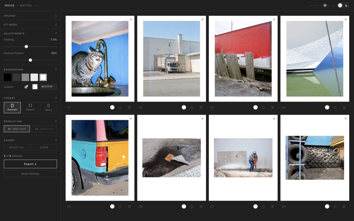 Matted — photo formatting tool interface showing a grid of matted photos